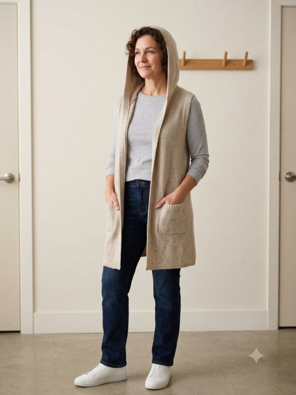 Tahari Wool Blend Sleeveless Hooded Cardigan Beige Size S Minimalist Fall Casual